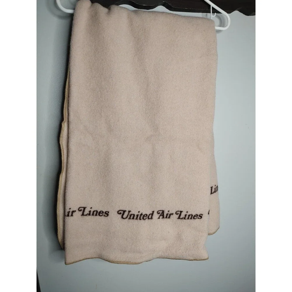 Vintage Retro Faribo United Airlines Wool Blanket Throw Beige 54x46